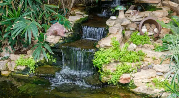 Ein kleiner Wasserfall plätschert in einen Teich, der mit Steinen und Pflanzen gestaltet ist. Eine Schildkrötenfigur wacht über das Wasser.