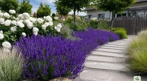 Ein Gartenweg aus Trittsteinen führt an einem üppigen Lavendelbeet vorbei, das von weißen Rosen und Gräsern umrahmt wird. Tolle Lavendelbeet Ideen für ein duftendes Paradies.