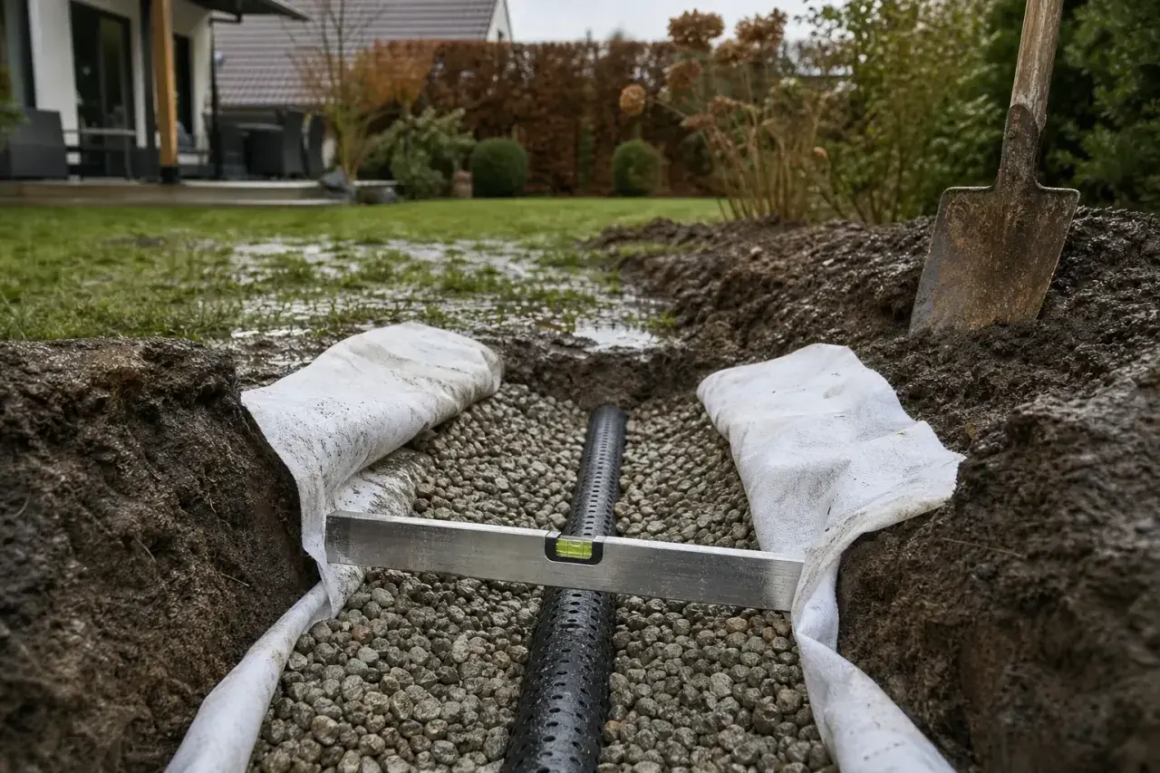 Drainage verlegen: Ein Drainagerohr liegt in Kiesbett, umgeben von Vlies. Eine Wasserwaage prüft den korrekten Einbau.