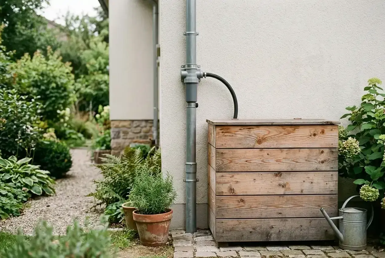 Holzfass sammelt Regenwasser für den Garten. Eine Gießkanne steht bereit.