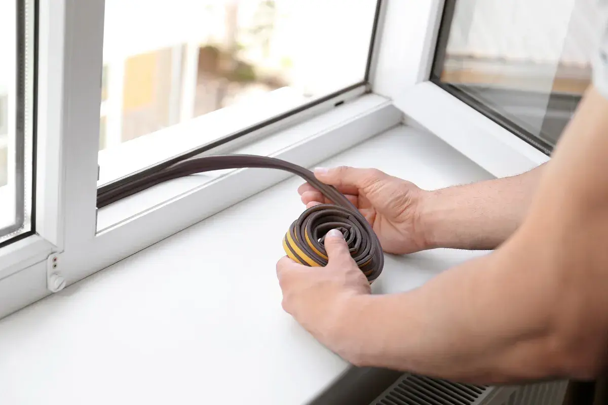 Hände halten eine Rolle Dichtungsband bereit, um ein Fenster abzudichten.