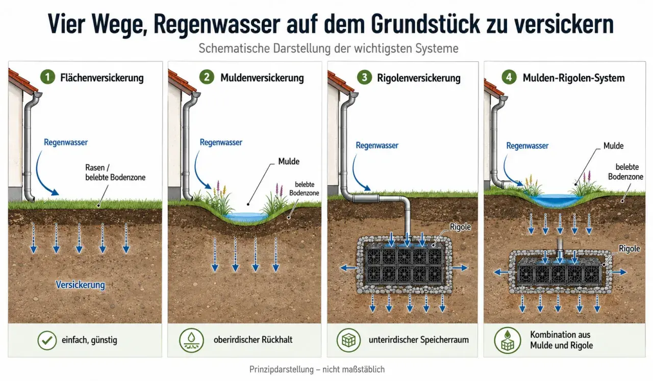 Schema zur Regenwasser Drainage verlegen: Flächen-, Mulden-, Rigolen- und Mulden-Rigolen-Systeme zur Versickerung.