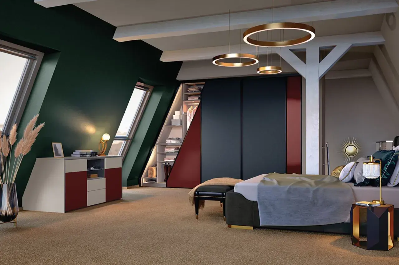 Stilvolle dachgeschoss schlafzimmer ideen: dunkle Wandfarbe, schräge Fenster, offener Kleiderschrank und moderne Beleuchtung schaffen Gemütlichkeit.