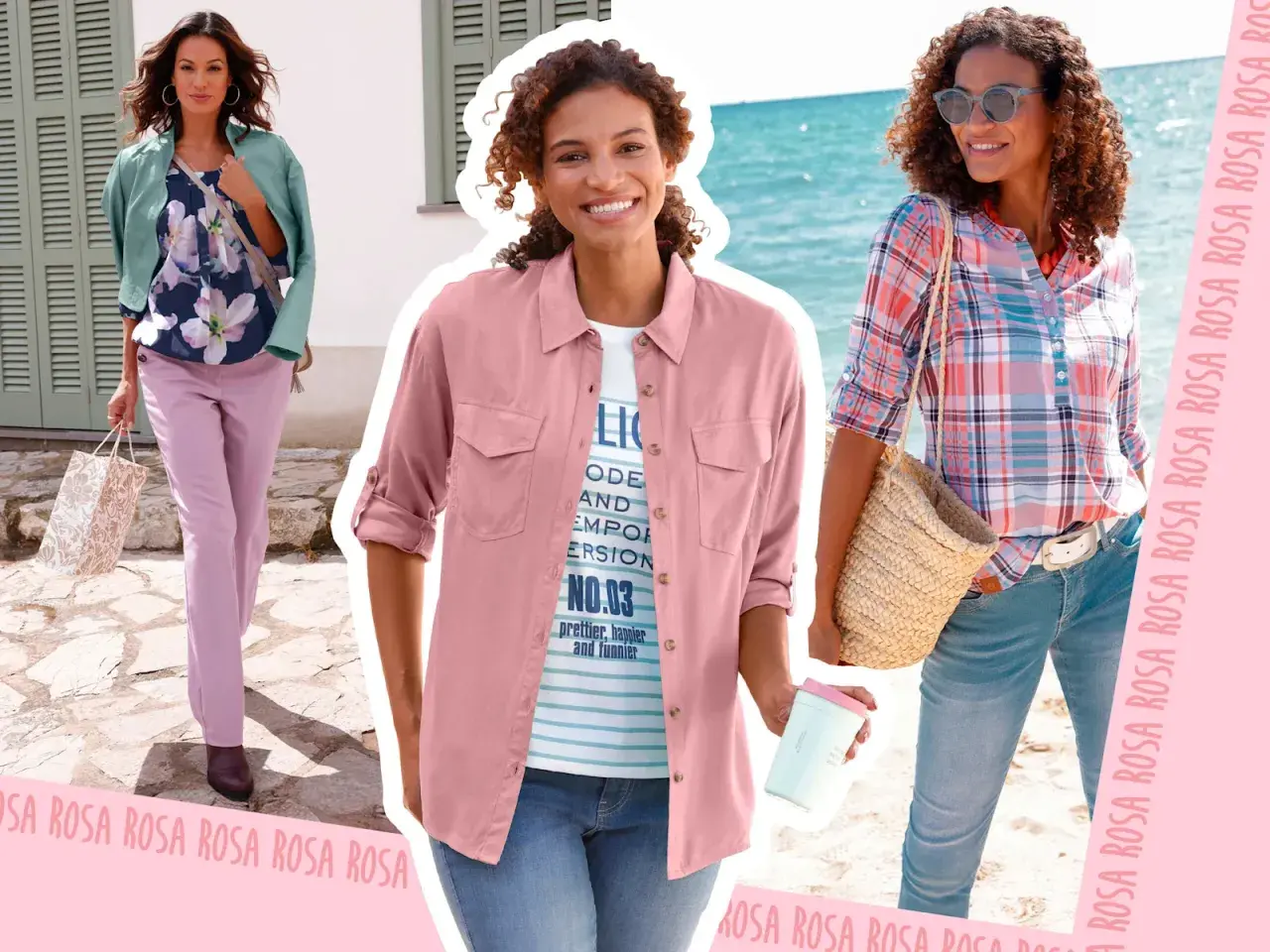 Drei Frauen zeigen Outfits, die zeigen, welche Farbe passt zu rosa: zartes Grün, Blumenmuster und karierte Bluse.