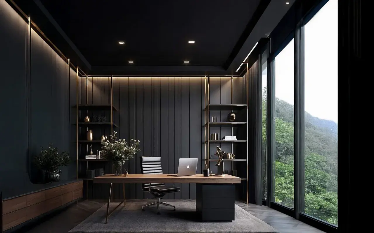 Elegantes, modernes kleines Arbeitszimmer einrichten mit dunklen Wänden, Holzschreibtisch, Ledersessel und großem Fenster mit Bergblick.
