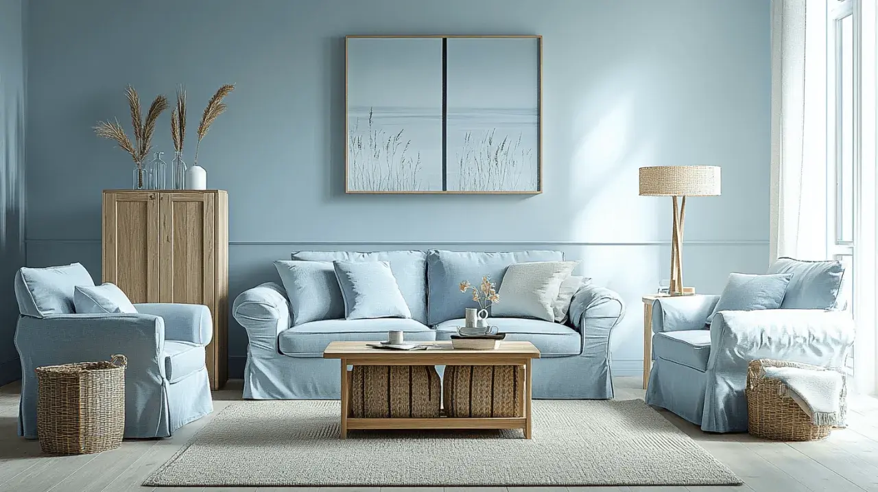 Ein hellblaues Wohnzimmer mit bequemen Sofas und Sesseln. Holzmöbel und Körbe ergänzen die Szene und zeigen, welche Farbe passt zu hellblau: natürliche Töne.