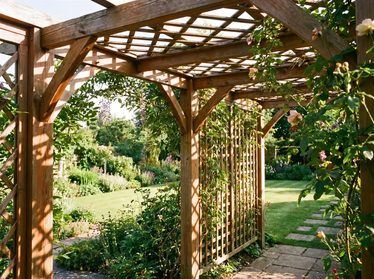 Holzpergola mit Rankgitter, die zum Garten führt. Eine Anleitung zum Pergola selber bauen wäre hier perfekt.