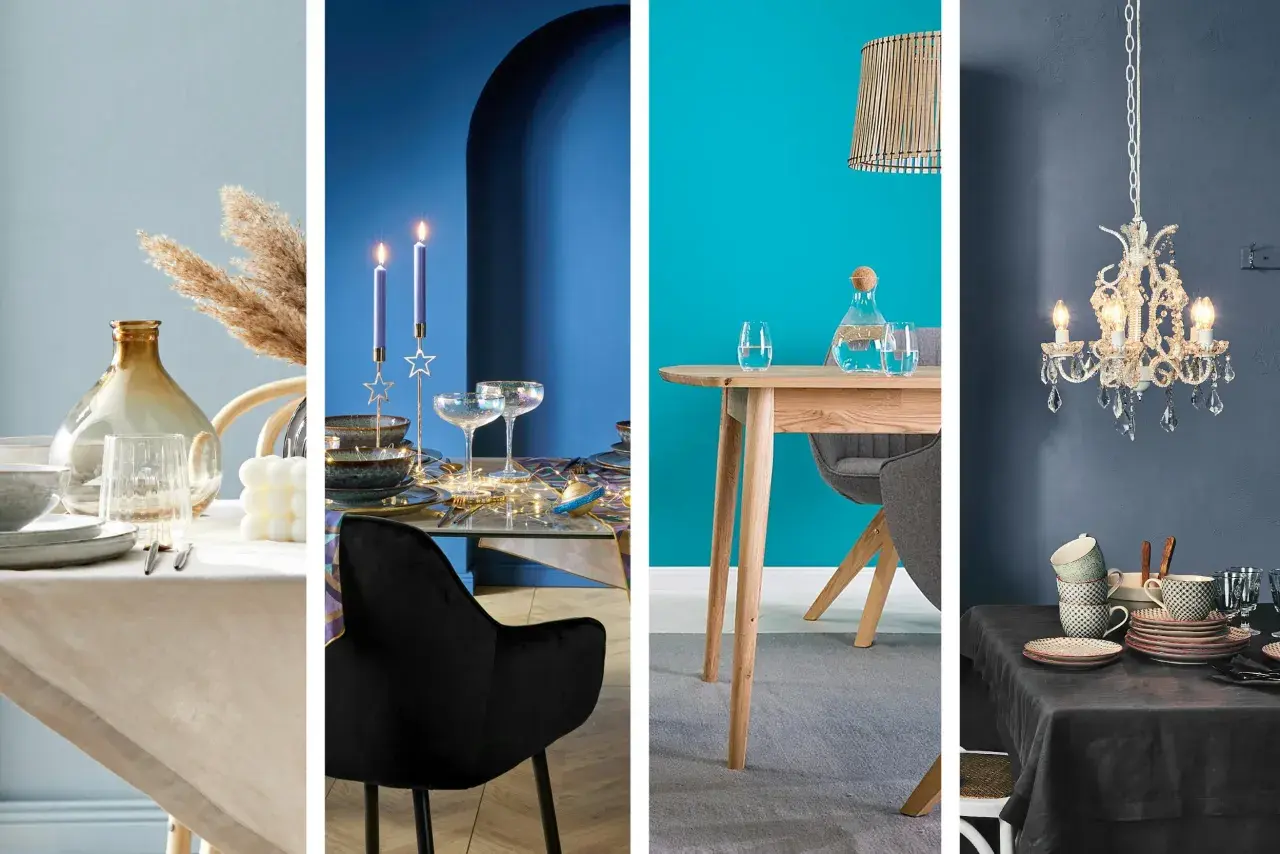 Vier Szenen zeigen, welche Farbe passt zu Blau: von sanftem Beige über leuchtendes Türkis bis zu dunklem Grau.