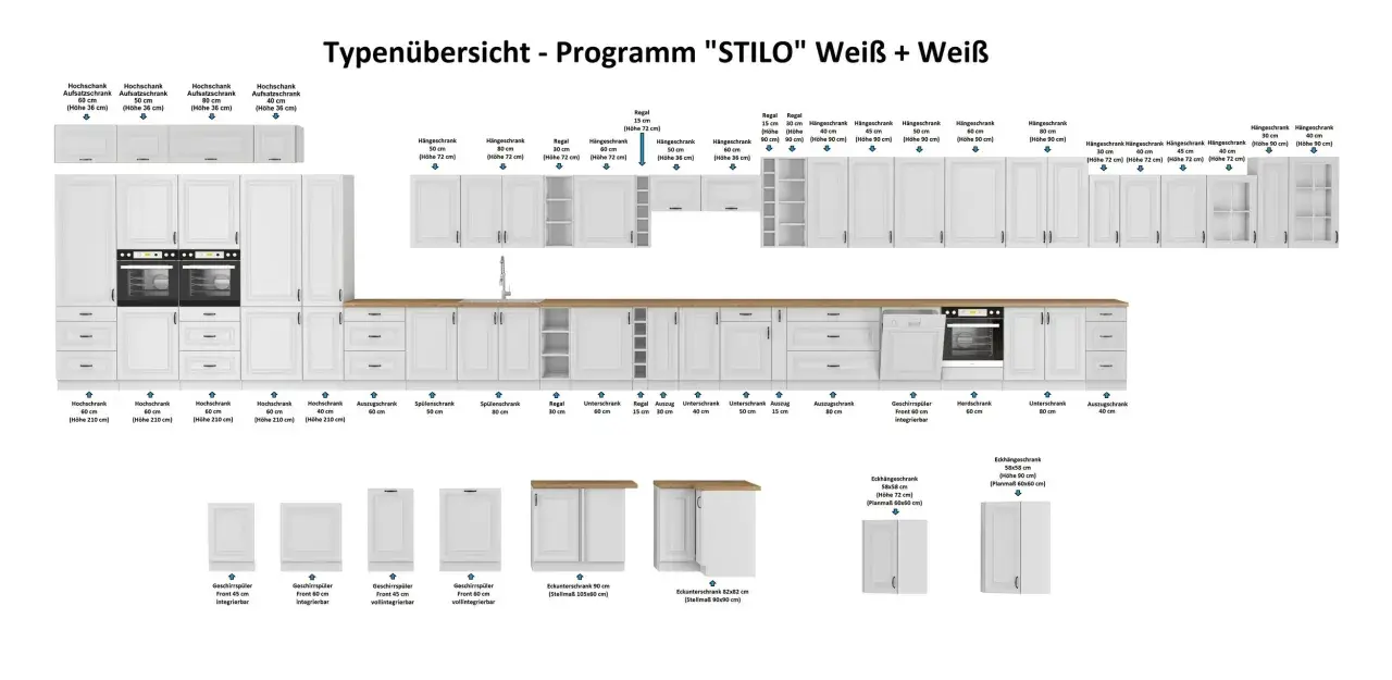 Eine Küchenzeile mit vielen weißen Schränken. Ein Hochschrank weiß mit integrierten Geräten und darüber Hängeschränke.