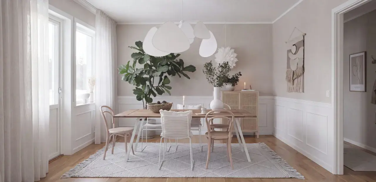 Helles, skandinavisches wohn esszimmer mit Holztisch, Stühlen, großer Zimmerpflanze und einem Rattan-Schrank.