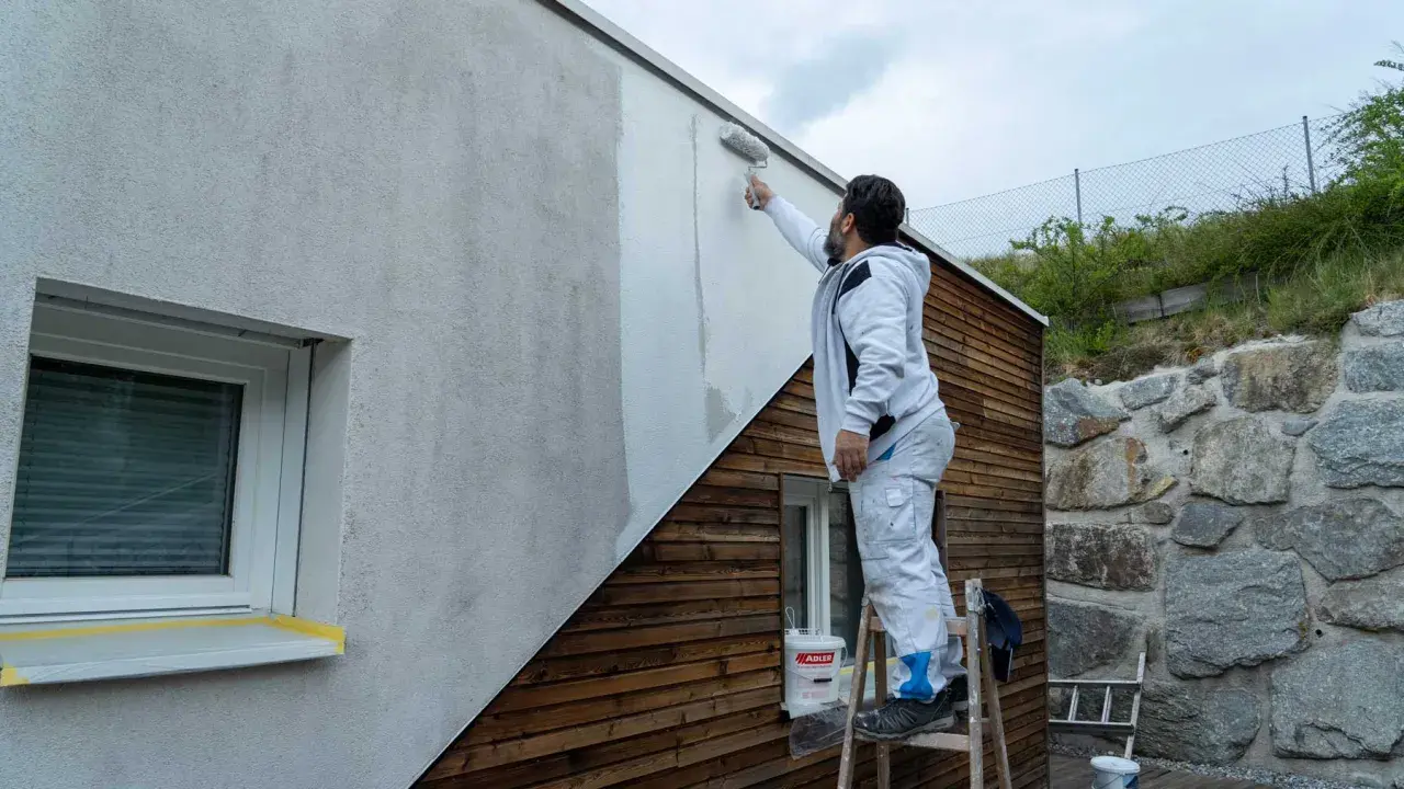 Mann streicht mit Rolle eine Hausfassade. So streicht man eine Fassade: Schritt für Schritt zum neuen Look.