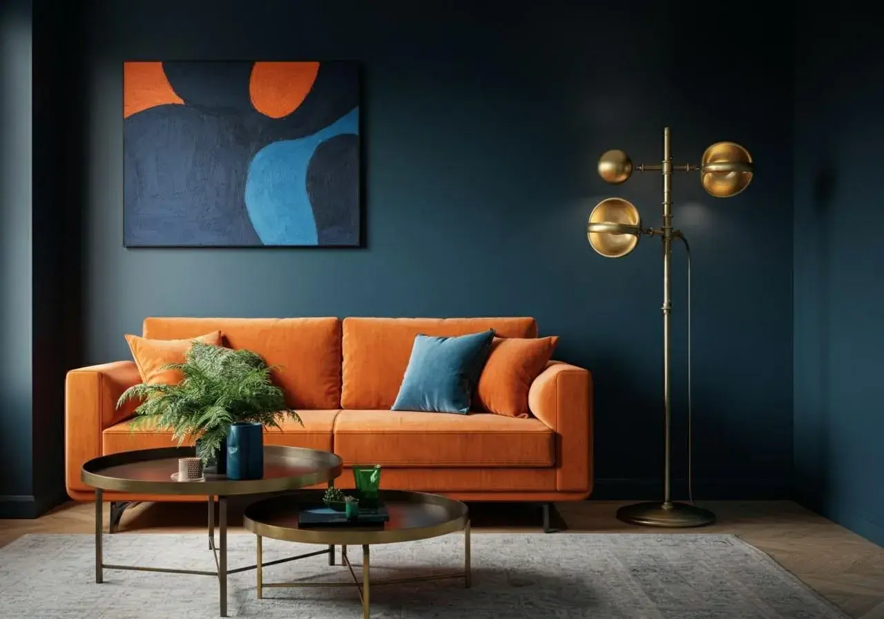 Ein orangefarbenes Sofa mit Kissen und einer Pflanze steht vor einer dunkelblauen Wand. Ein abstraktes Gemälde mit warmen Farben hängt darüber. Ein goldener Stehlampen und zwei Couchtische vervollständigen das Bild.