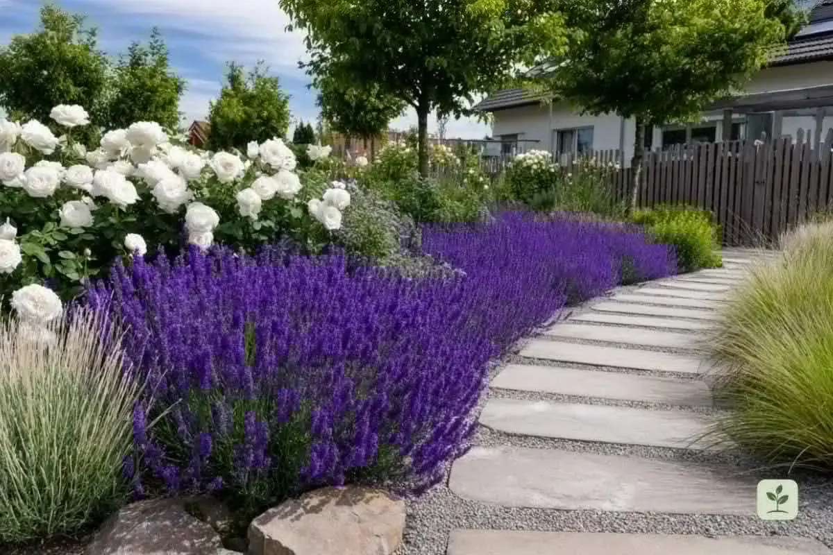 Ein Gartenweg aus Trittsteinen führt an einem üppigen Lavendelbeet vorbei, das von weißen Rosen und Gräsern umrahmt wird. Tolle Lavendelbeet Ideen für ein duftendes Paradies.