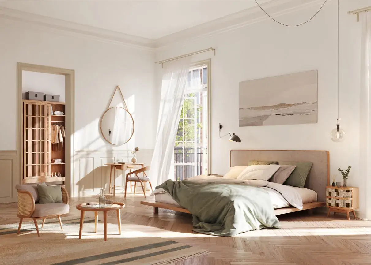 Helles, skandinavisch eingerichtetes Schlafzimmer mit Holzbett, Rattan-Sessel und viel Tageslicht.
