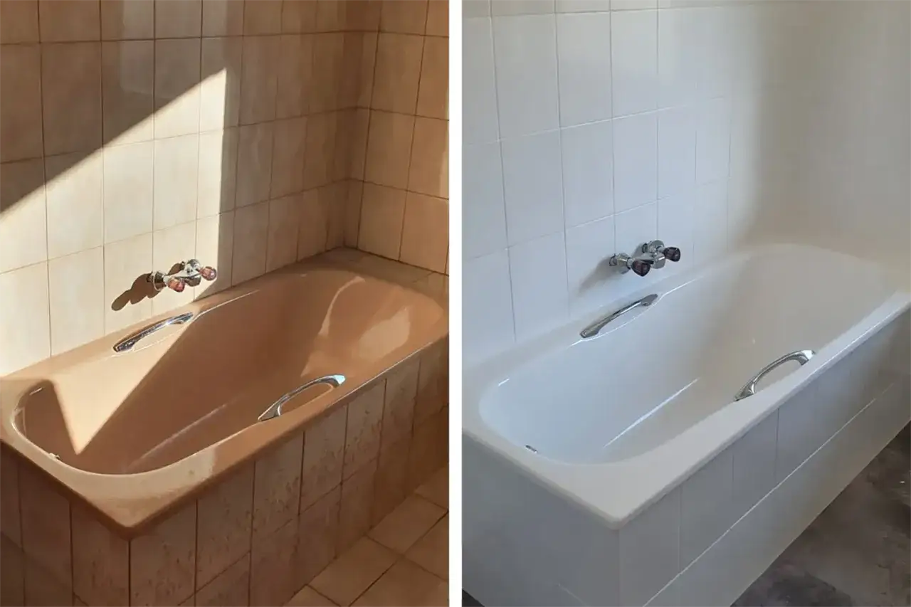 Vorher-Nachher-Vergleich: Braune Badewanne und Fliesen verwandeln sich durch neues Streichen in ein strahlendes Wei&szlig;.