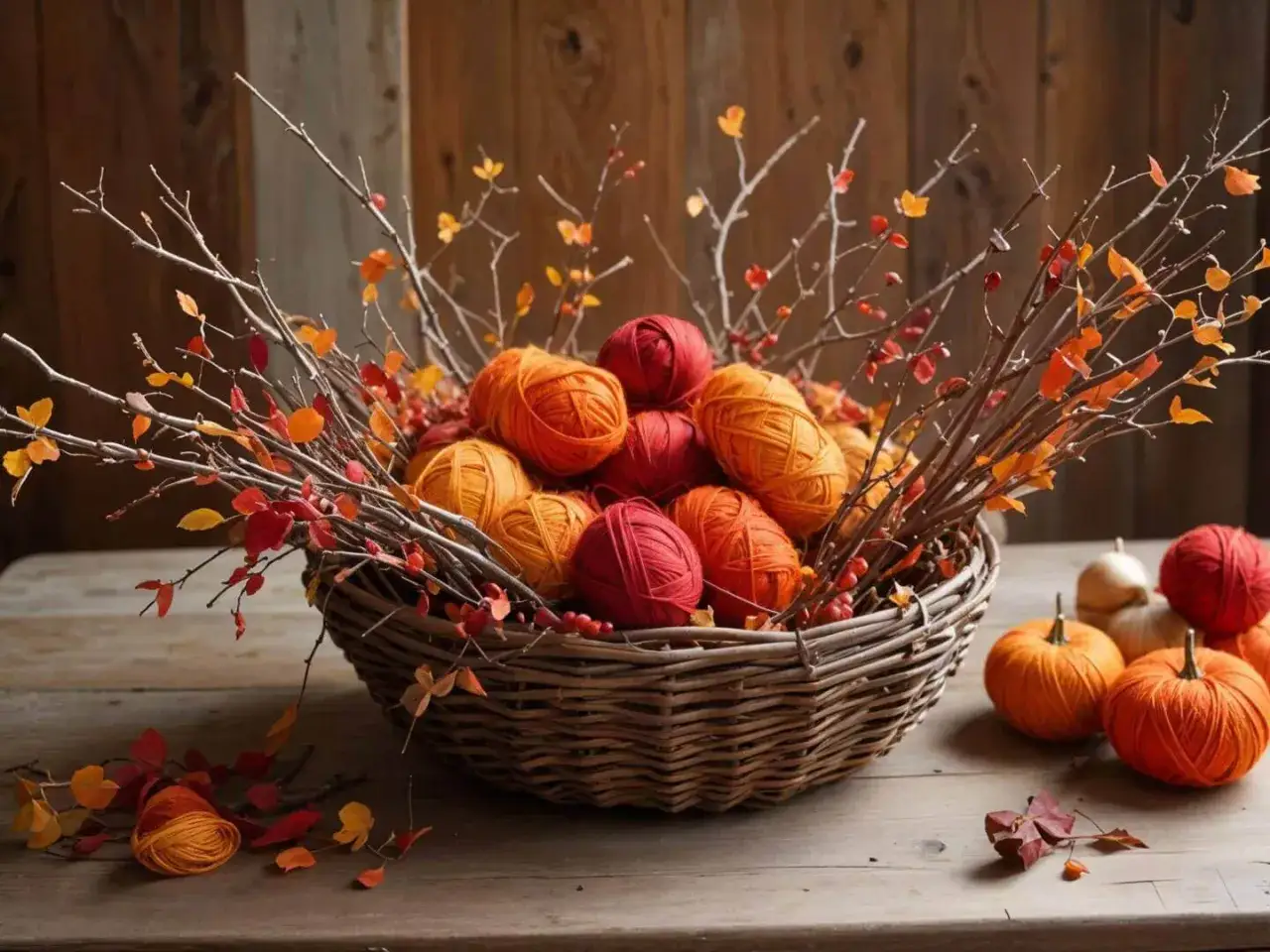 Korb mit Garnkn&auml;ueln in Herbstfarben, Zweigen und Bl&auml;ttern. Tolle Herbstdeko Ideen f&uuml;r gem&uuml;tliche Stunden.