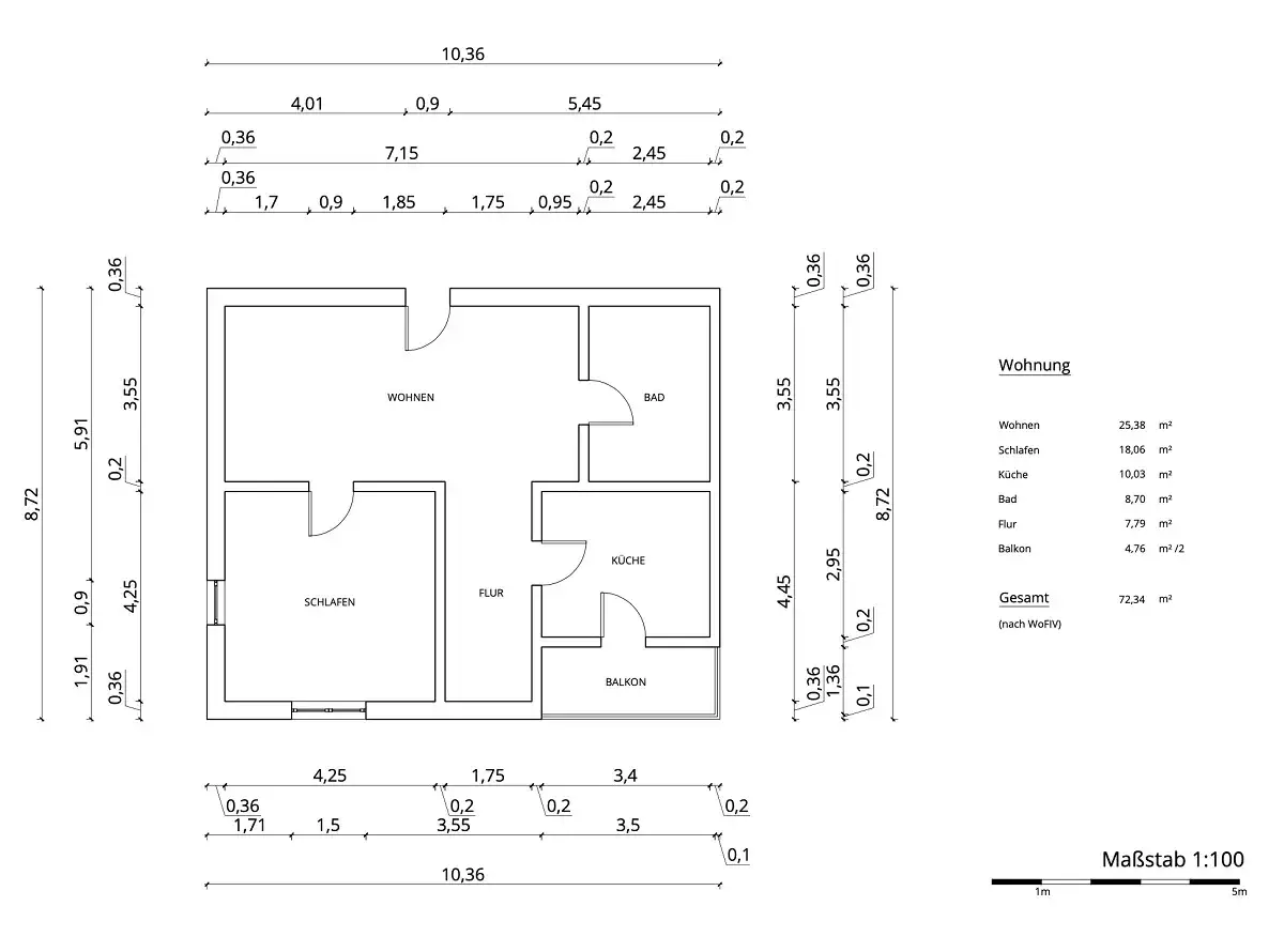 Grundriss einer Wohnung mit Ma&szlig;en zur Wohnung ausmessen. Enth&auml;lt Wohn-, Schlaf-, K&uuml;chen-, Bad- und Flurbereiche.
