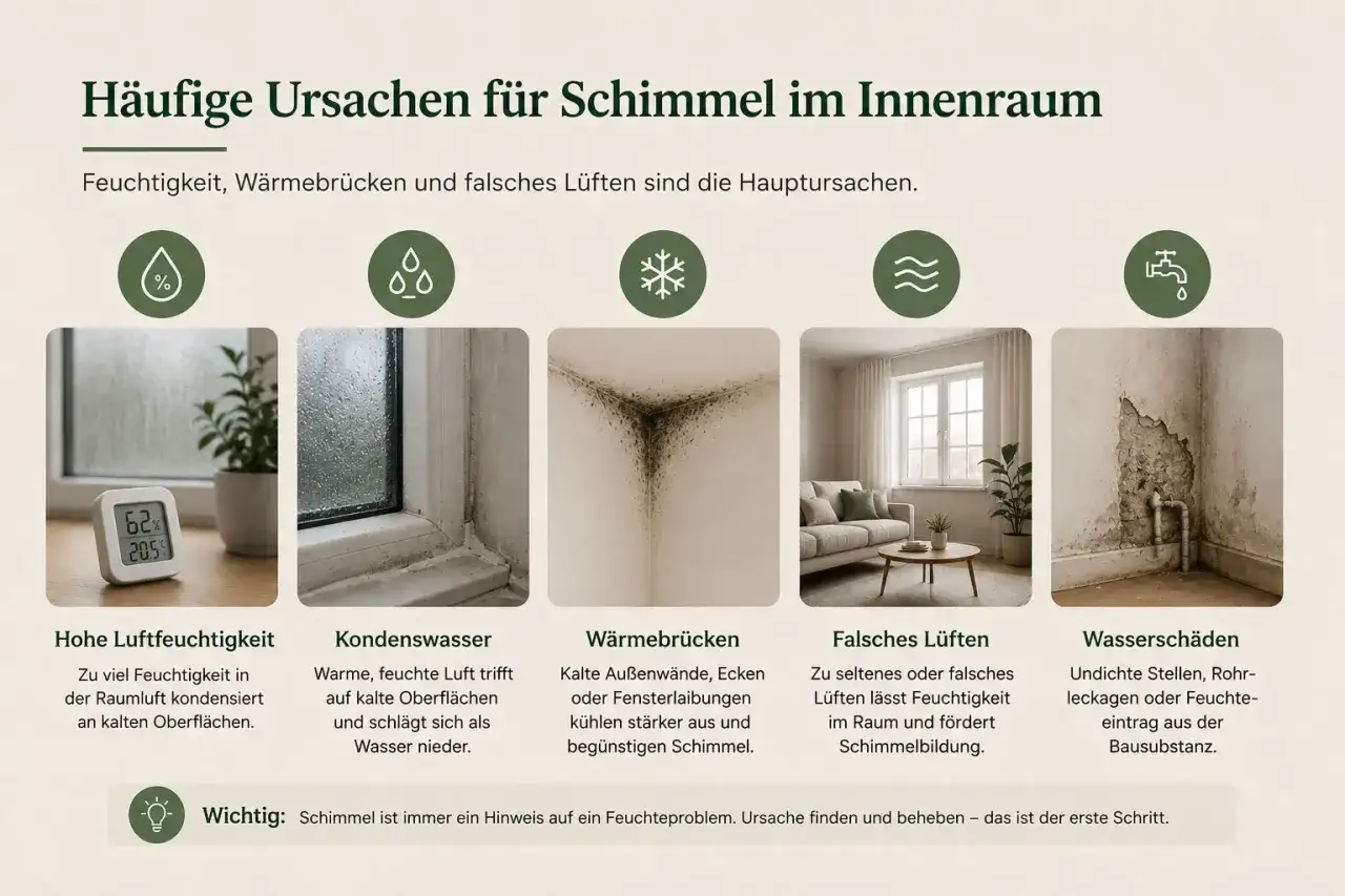 Schwarzer Schimmel an der Wand in einer Zimmerecke, verursacht durch Wärmebrücken und Feuchtigkeit.