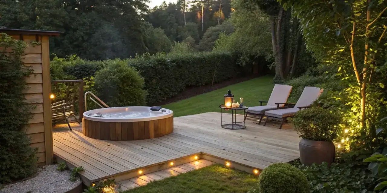 Entspannende Whirlpool Garten Ideen: Ein Holzdeck mit Whirlpool, Liegestühlen und stimmungsvoller Beleuchtung lädt zum Verweilen ein.