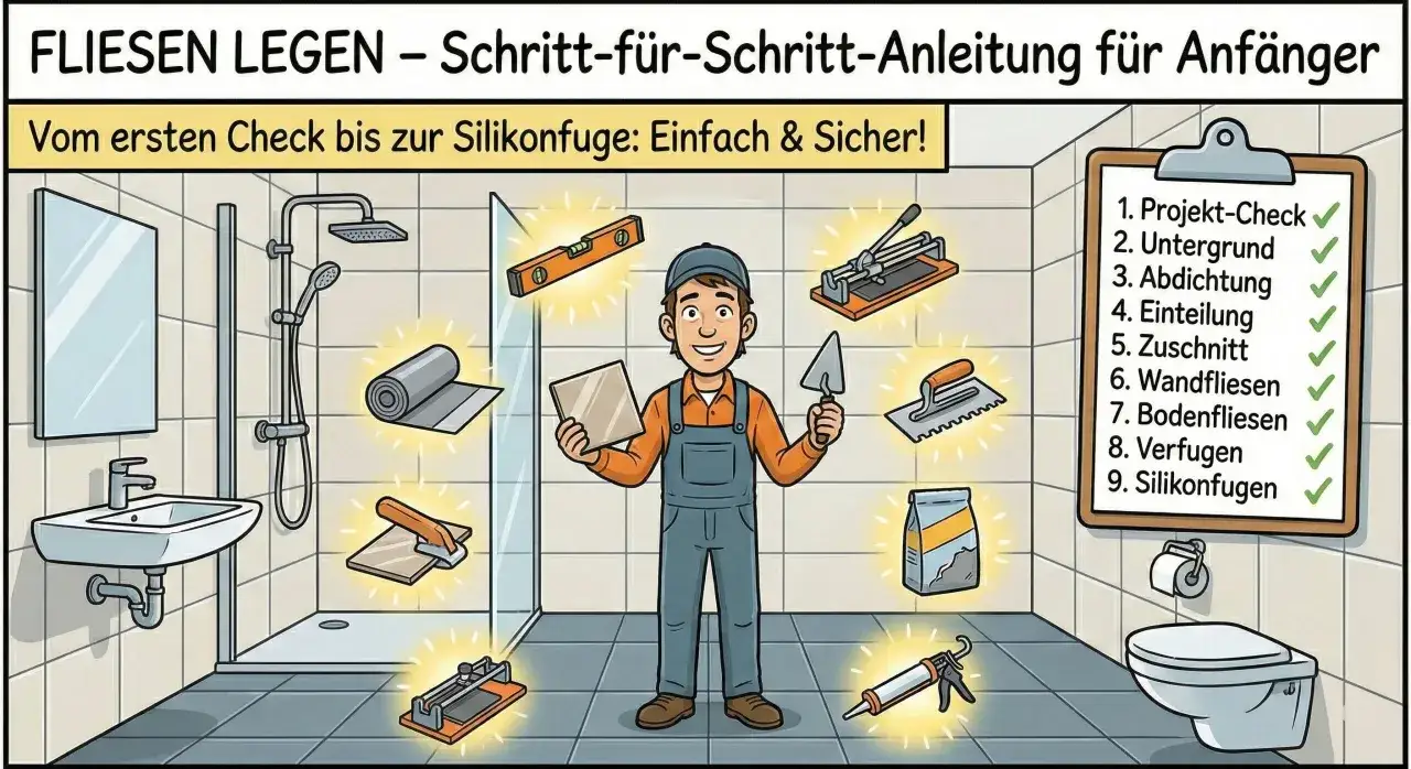 Ein Mann im Badezimmer zeigt, wie man Fliesen verlegen kann. Werkzeuge wie Fliesenleger-Werkzeug, Mörtel und Silikon sind zu sehen.