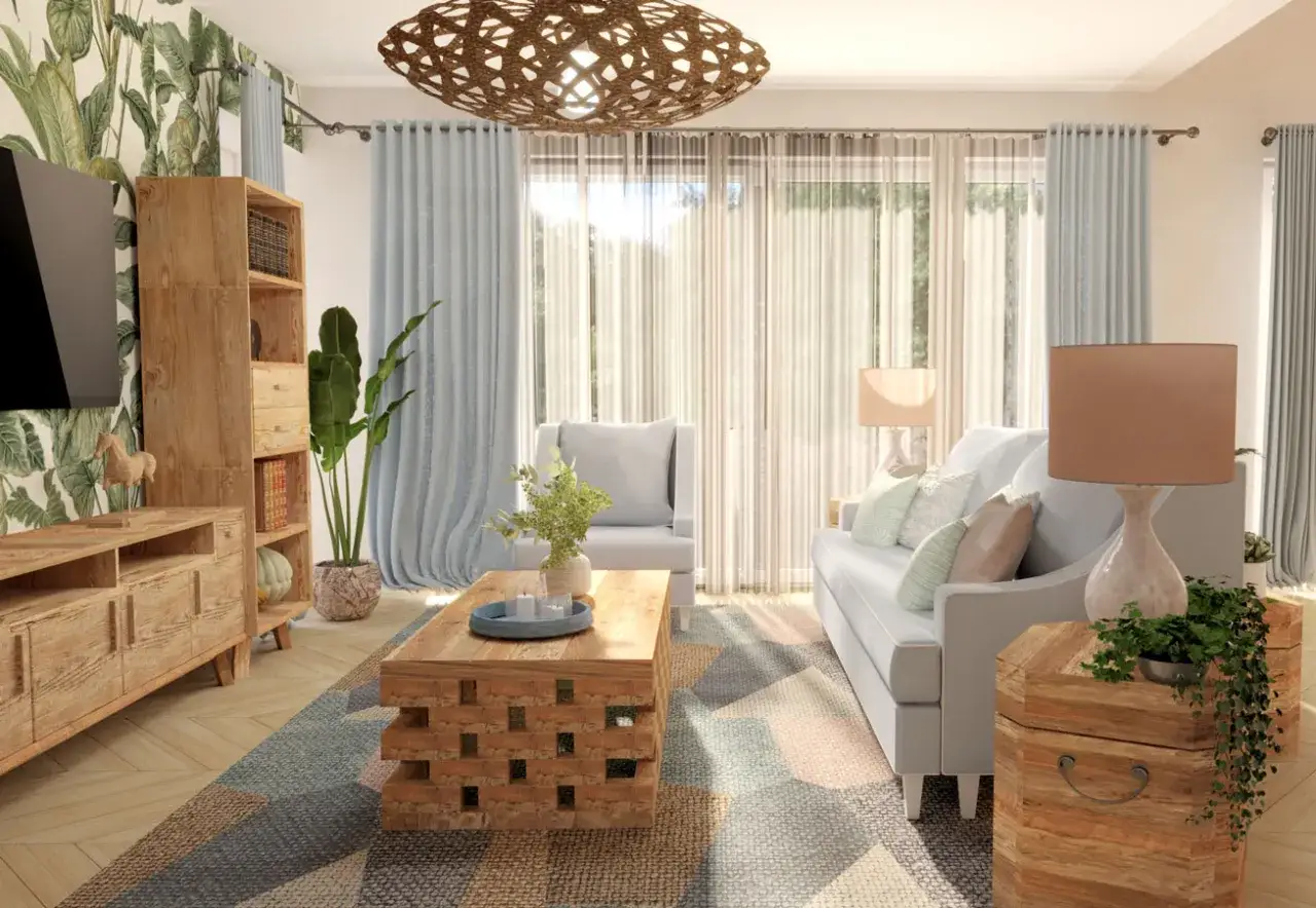 Gemütliches interior wohnzimmer mit Holzelementen, Pflanzen und hellen Textilien. Einladende Atmosphäre.