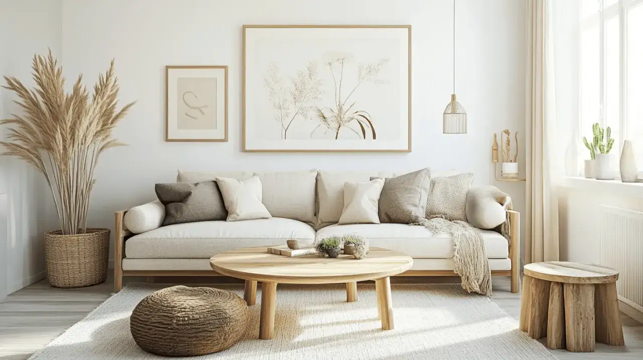 Beige und Brauntöne harmonieren perfekt in diesem gemütlichen Wohnzimmer. Ein Sofa mit Kissen, ein Couchtisch und ein Pouf laden zum Entspannen ein.