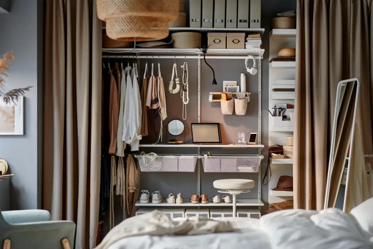 Kleines Schlafzimmer einrichten: Offener Kleiderschrank mit Kleidung, Schuhen, K&ouml;rben und Accessoires. Ein Schreibtisch mit Laptop und Spiegel.