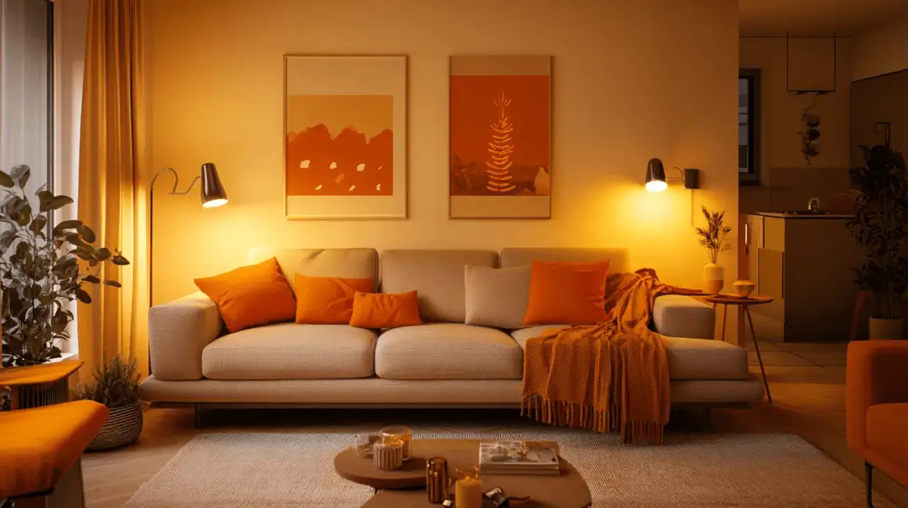 Gemütliches Wohnzimmer mit beigem Sofa, orangefarbenen Kissen und Decke. Die Bilder an der Wand zeigen abstrakte orangefarbene Muster. Hier sieht man, welche Farbe gut zu Orange passt.