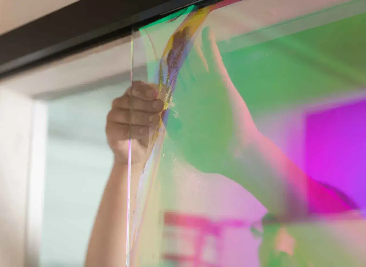 H&auml;nde bringen eine schillernde Folie an, um ein Fenster zu gestalten. Das Licht bricht sich in Regenbogenfarben.