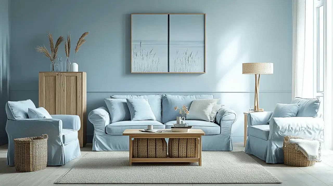 Ein hellblaues Wohnzimmer mit bequemen Sofas und Sesseln. Holzmöbel und Körbe ergänzen die Farbpalette und zeigen, welche Farbe passt zu hellblau.