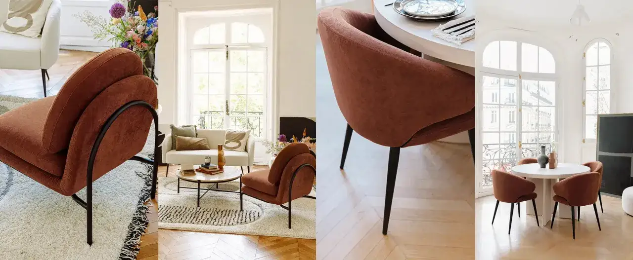 Gem&uuml;tliche Wohnzimmer- und Esszimmer-Szenen mit braunen St&uuml;hlen. Hier siehst du, welche Farben gut zu Braun passen: Wei&szlig;, Beige und Schwarz.