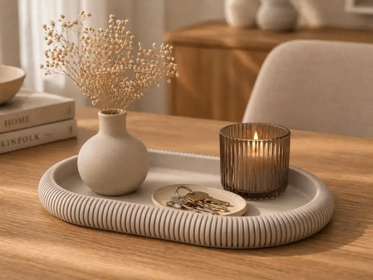 Sch&ouml;ne couchtisch deko ideen: Vase mit Trockenblumen, Kerze im Glas und Schl&uuml;ssel auf einem Tablett.