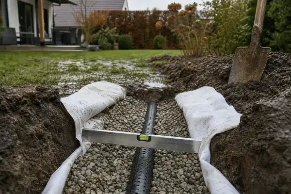 Drainage verlegen: Ein Drainagerohr liegt in Kiesbett, umgeben von Vlies. Eine Wasserwaage prüft den korrekten Einbau.