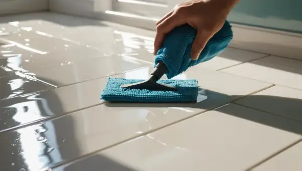 Hand wischt mit blauem Tuch über glänzenden, hellen Fliesenboden.
