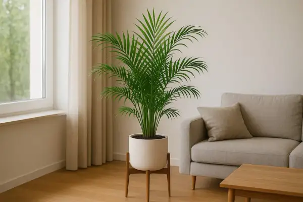 Grüne Bergpalme im Topf neben einem Fenster, idealer Standort für Zimmerpflanzen.