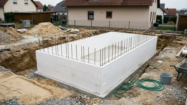 Baufortschritt beim **pool selbst bauen**: weiße Styroporsteine bilden die Basis für den neuen Pool, Bewehrungsstahl ragt empor.