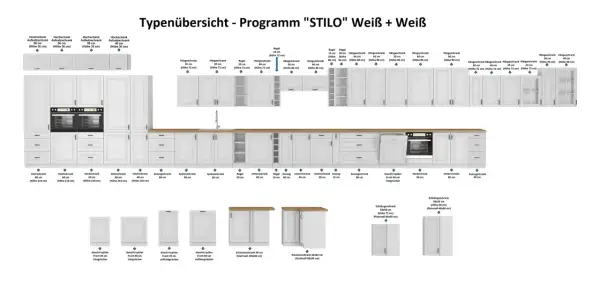 Eine Küchenzeile mit vielen weißen Schränken. Ein Hochschrank weiß mit integrierten Geräten und darüber Hängeschränke.